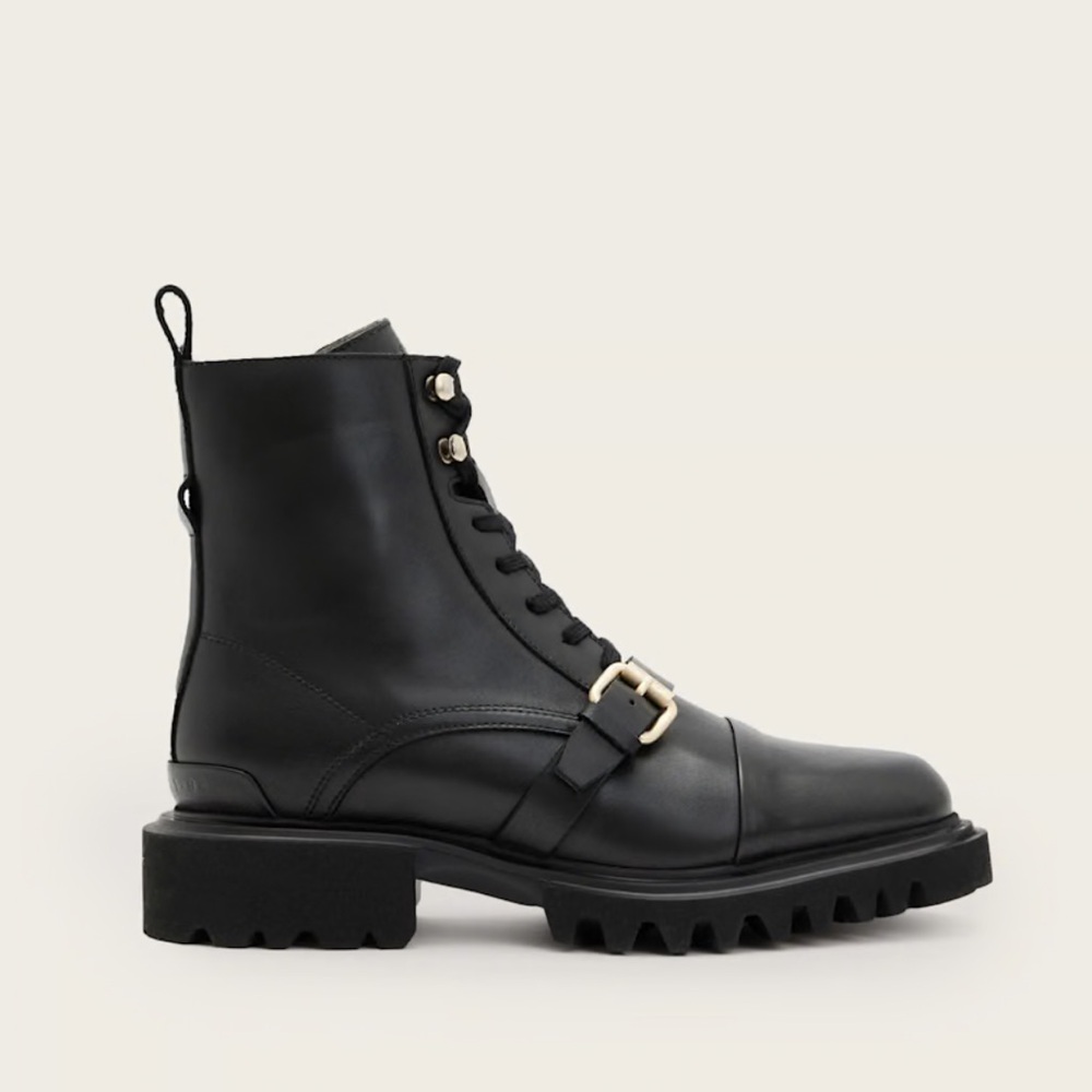 All Saints Tori Black Leather Boots Lug Sole Silver Buckle Hardware EU 38 US 8